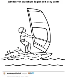 Windsurfer przechyla żagiel pod silny wiatr — kolorowanka do wydruku dla dzieci