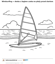 Windsurfing — deska z żaglem czeka na plaży przed startem — kolorowanka do wydruku dla dzieci