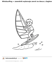 Windsurfing — zawodnik wykonuje zwrot na desce z żaglem — kolorowanka do wydruku dla dzieci