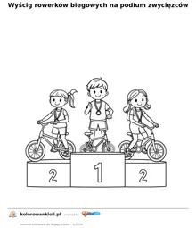 Wyścig rowerków biegowych na podium zwycięzców — kolorowanka do wydruku dla dzieci