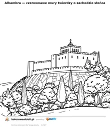 Alhambra — czerwonawe mury twierdzy o zachodzie słońca — kolorowanka do wydruku dla dzieci