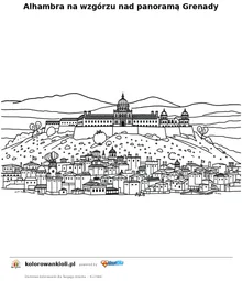 Alhambra na wzgórzu nad panoramą Grenady — kolorowanka do wydruku dla dzieci