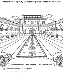 Alhambra — ogrody Generalife pełne fontann i kwiatów — kolorowanka do wydruku dla dzieci