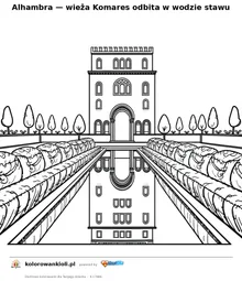 Alhambra — wieża Komares odbita w wodzie stawu — kolorowanka do wydruku dla dzieci