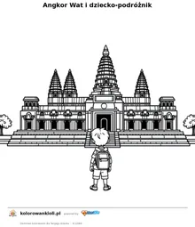 Angkor Wat i dziecko-podróżnik — kolorowanka do wydruku dla dzieci
