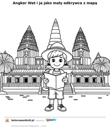 Angkor Wat i ja jako mały odkrywca z mapą — kolorowanka do wydruku dla dzieci