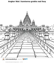 Angkor Wat i kamienna grobla nad fosą — kolorowanka do wydruku dla dzieci