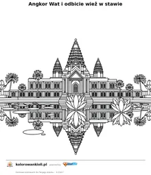 Angkor Wat i odbicie wież w stawie — kolorowanka do wydruku dla dzieci