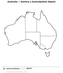 Australia — kontury z Australijskimi Alpami — kolorowanka do wydruku dla dzieci