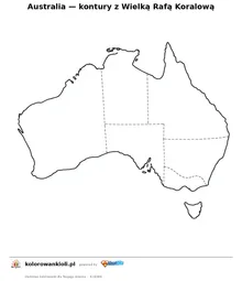 Australia — kontury z Wielką Rafą Koralową — kolorowanka do wydruku dla dzieci
