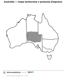 Australia — mapa konturowa z pustynią Simpsona — kolorowanka do wydruku dla dzieci