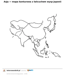 Azja — mapa konturowa z łańcuchem wysp Japonii — kolorowanka do wydruku dla dzieci