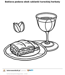 Baklava podana obok szklanki tureckiej herbaty — kolorowanka do wydruku dla dzieci