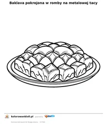 Baklava pokrojona w romby na metalowej tacy — kolorowanka do wydruku dla dzieci