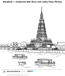 Bangkok — świątynia Wat Arun nad rzeką Chao Phraya — kolorowanka do wydruku dla dzieci