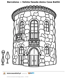Barcelona — falista fasada domu Casa Batlló — kolorowanka do wydruku dla dzieci