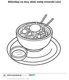 Bibimbap na tacy obok małej miseczki sosu — kolorowanka do wydruku dla dzieci