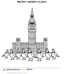 Big Ben i gołębie na placu — kolorowanka do wydruku dla dzieci