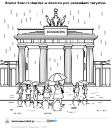 Brama Brandenburska w deszczu pod parasolami turystów — kolorowanka do wydruku dla dzieci