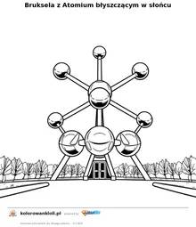 Bruksela z Atomium błyszczącym w słońcu — kolorowanka do wydruku dla dzieci