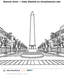 Buenos Aires — biały Obelisk na skrzyżowaniu alei — kolorowanka do wydruku dla dzieci