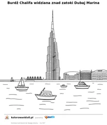 Burdż Chalifa widziana znad zatoki Dubaj Marina — kolorowanka do wydruku dla dzieci