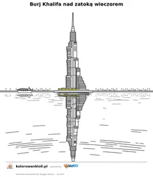 Burj Khalifa nad zatoką wieczorem — kolorowanka do wydruku dla dzieci