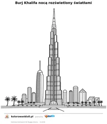 Burj Khalifa noca rozswietlony swiatlami — kolorowanka do wydruku dla dzieci
