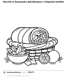 Burrito w koszyczku piknikowym z chipsami tortilla — kolorowanka do wydruku dla dzieci