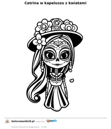Catrina w kapeluszu z kwiatami — kolorowanka do wydruku dla dzieci