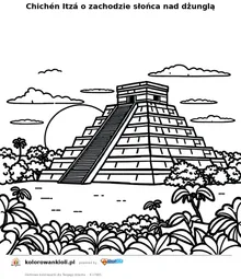 Chichén Itzá o zachodzie słońca nad dżunglą — kolorowanka do wydruku dla dzieci