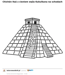 Chichén Itzá z cieniem węża Kukulkana na schodach — kolorowanka do wydruku dla dzieci