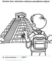 Chichén Itzá z dzieckiem robiącym pamiątkowe zdjęcie — kolorowanka do wydruku dla dzieci