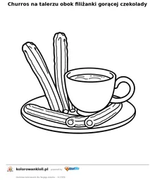 Churros na talerzu obok filiżanki gorącej czekolady — kolorowanka do wydruku dla dzieci