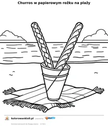 Churros w papierowym rożku na plaży — kolorowanka do wydruku dla dzieci