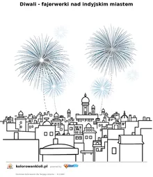 Diwali - fajerwerki nad indyjskim miastem — kolorowanka do wydruku dla dzieci