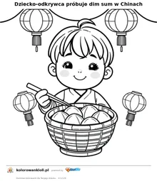 Dziecko-odkrywca probuje dim sum w Chinach — kolorowanka do wydruku dla dzieci