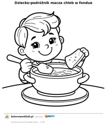 Dziecko-podroznik macza chleb w fondue — kolorowanka do wydruku dla dzieci