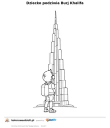 Dziecko podziwia Burj Khalifa — kolorowanka do wydruku dla dzieci