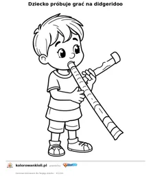 Dziecko probuje grac na didgeridoo — kolorowanka do wydruku dla dzieci