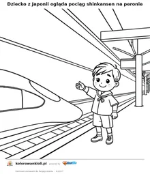 Dziecko z Japonii ogląda pociąg shinkansen na peronie — kolorowanka do wydruku dla dzieci