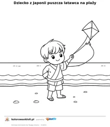 Dziecko z Japonii puszcza latawca na plaży — kolorowanka do wydruku dla dzieci