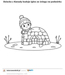Dziecko z Kanady buduje igloo ze śniegu na podwórku — kolorowanka do wydruku dla dzieci