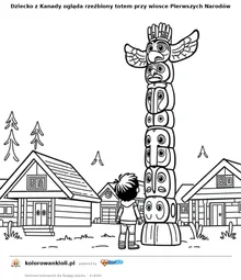 Dziecko z Kanady ogląda rzeźbiony totem przy wiosce Pierwszych Narodów — kolorowanka do wydruku dla dzieci