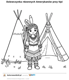 Dziewczynka rdzennych Amerykanow przy tipi — kolorowanka do wydruku dla dzieci