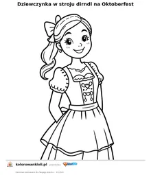 Dziewczynka w stroju dirndl na Oktoberfest — kolorowanka do wydruku dla dzieci