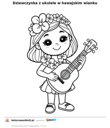 Dziewczynka z ukulele w hawajskim wianku — kolorowanka do wydruku dla dzieci
