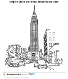 Empire State Building i taksówki na ulicy — kolorowanka do wydruku dla dzieci