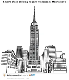 Empire State Building między wieżowcami Manhattanu — kolorowanka do wydruku dla dzieci