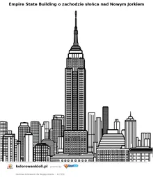 Empire State Building o zachodzie słońca nad Nowym Jorkiem — kolorowanka do wydruku dla dzieci